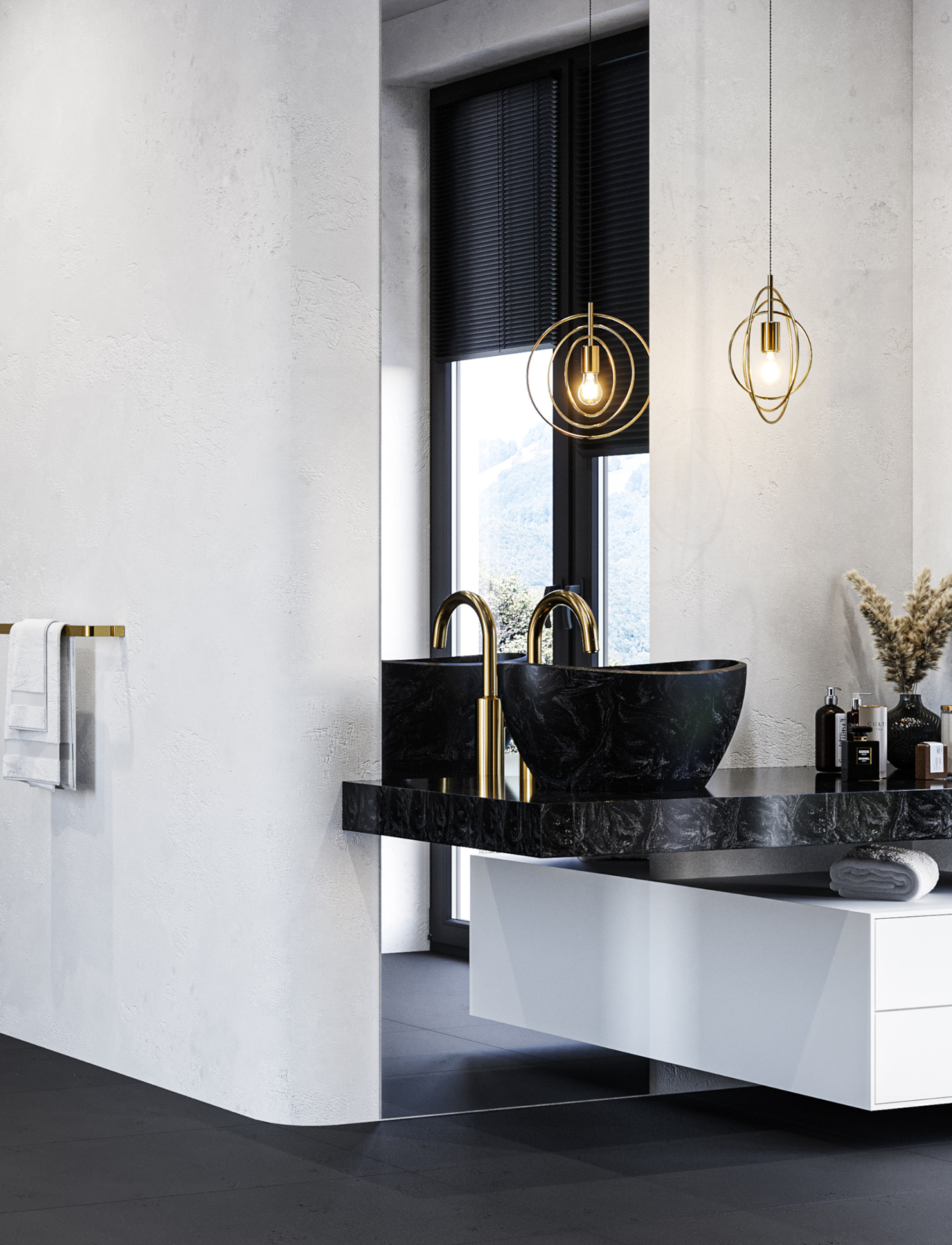 Luxum, umywalka, blat i wanna na wymiar - Corian®Cosmos Prima; tynk dekoracyjny Cemento naturale; Beton ryflowany Nivolet biały; płytki podłogowe z betonu Premium czarne B15 (2) Luxum, umywalka, blat i wanna na wymiar - Corian®Cosmos Prima; tynk dekoracyjny Cemento naturale; Beton ryflowany Nivolet biały; płytki podłogowe z betonu Premium czarne B15 (2)