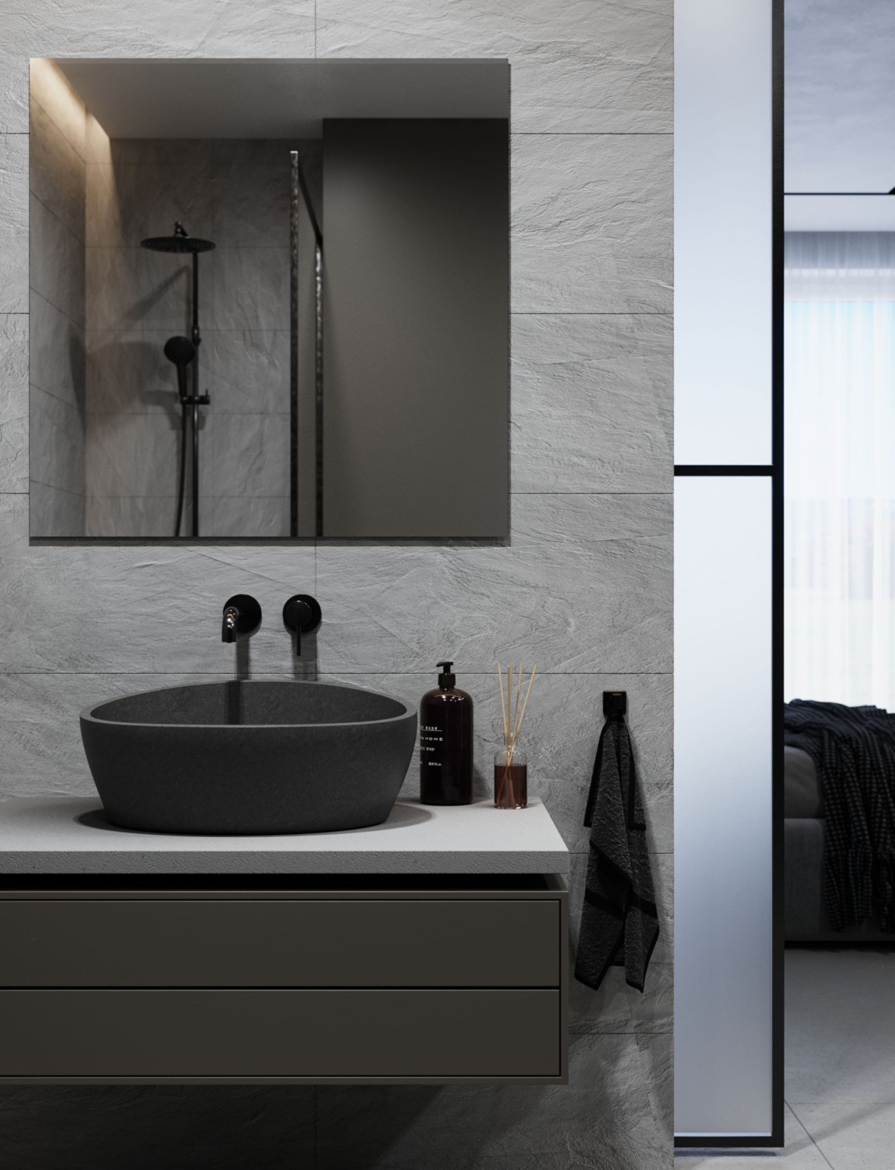Luxum, umywalka na wymiar z betonu architekt; beton o strukturze łupek w kolorze Szary popiel S95; płyty betonowe podlogowe Premium gładk S96 Luxum, umywalka na wymiar z betonu architekt; beton o strukturze łupek w kolorze Szary popiel S95; płyty betonowe podlogowe Premium gładk S96